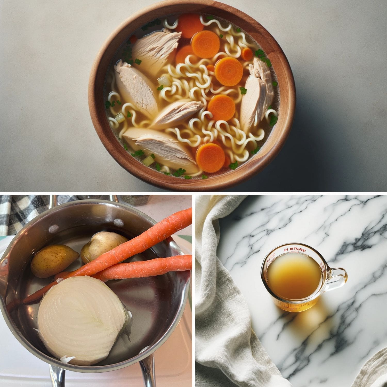 Three images collage representing chicken broth substitutes: Top shows a wooden bowl filled with chicken noodle soup, sliced carrots, and parsley. Bottom-left features a pot with fresh potatoes, carrots, and an onion on a checkered cloth. Bottom-right depicts a clear glass mug of chicken broth on a marble surface with draped cloth