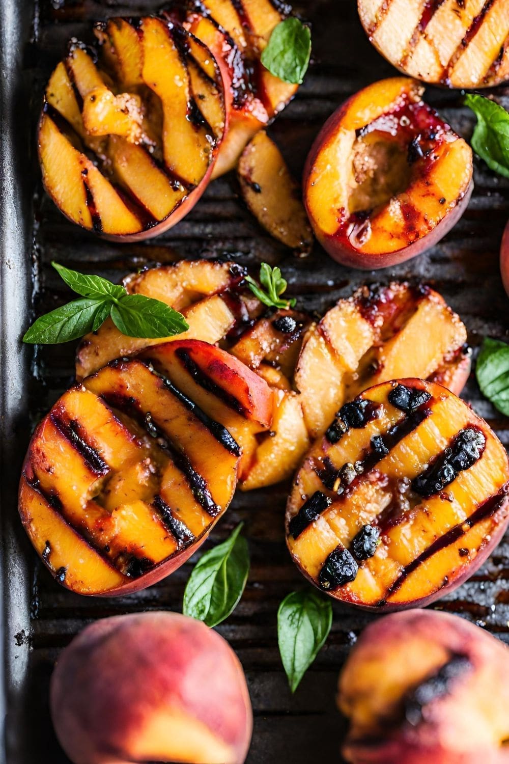 A tray of grilled peaches on a grill surrounded by mint leaves.