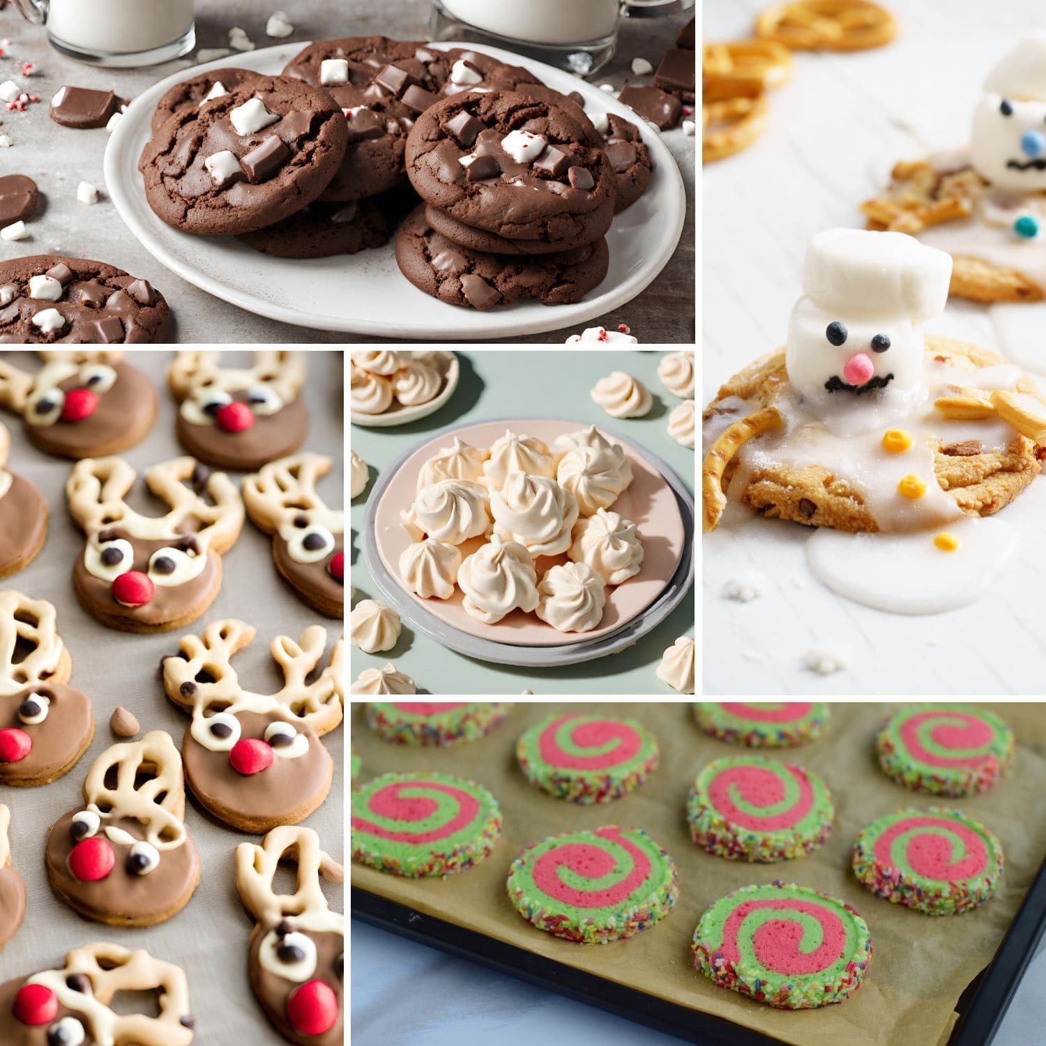 A variety of Christmas cookies decorated for Christmas, including sugar cookies, gingerbread men, peanut butter blossoms, and peppermint pinwheels.