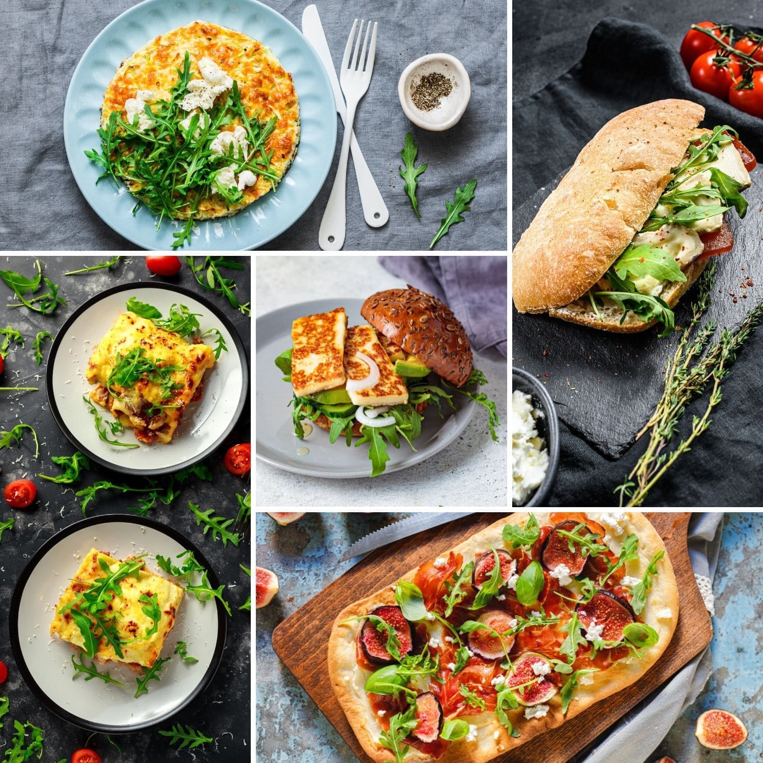 A collage of five photos of different foods: Frittata with goat cheese and arugula, Homemade pizza with figs, prosciutto, and arugula, Lasagna topped with wild arugula, Halloumi burger with avocado wedges and arugula, Sandwich with fresh camembert cheese, pear marmalade, ricotta, and arugula.