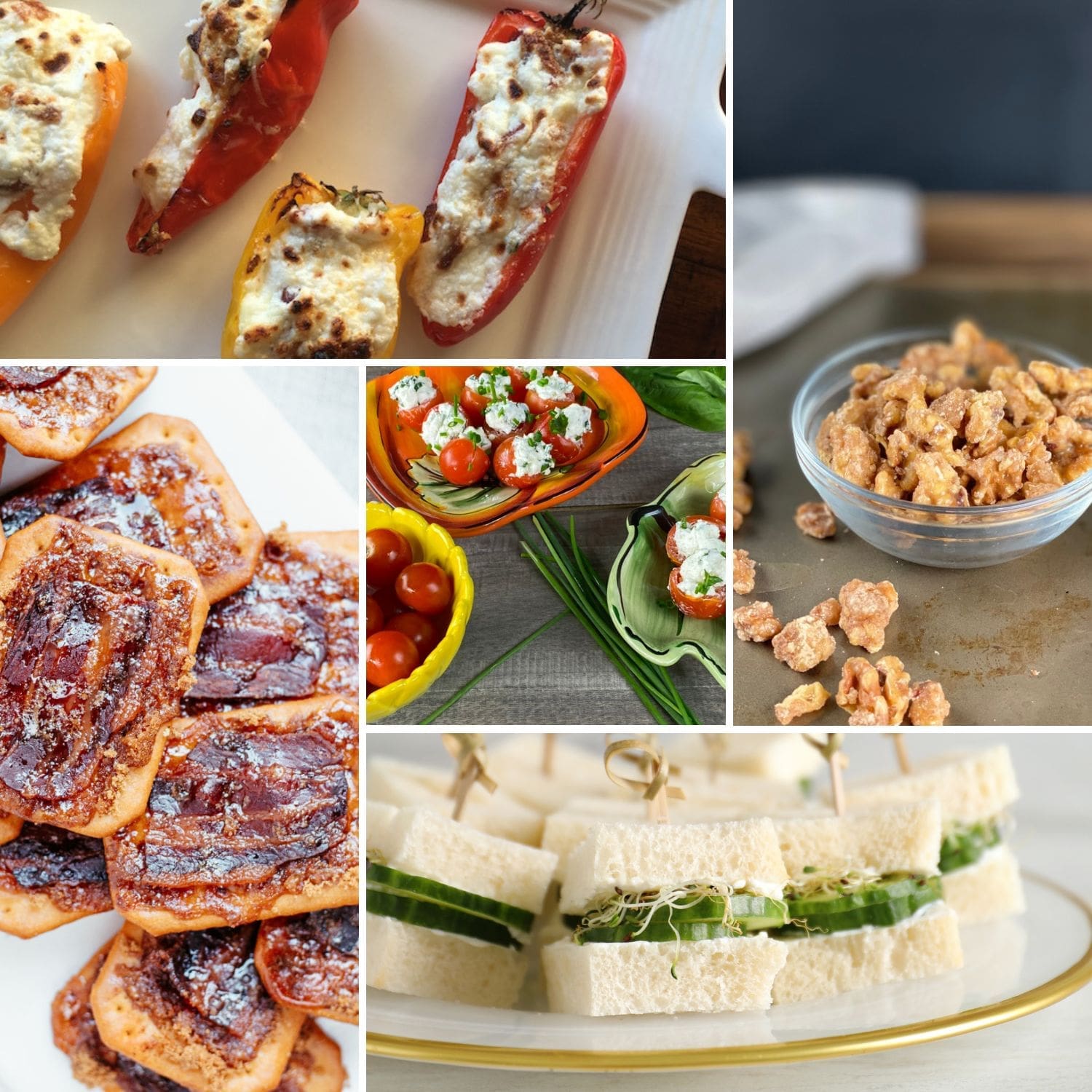 Various Thanksgiving Appetizer Inspiration including cucumber sandwiches, spiced walnuts and bacon crackers.