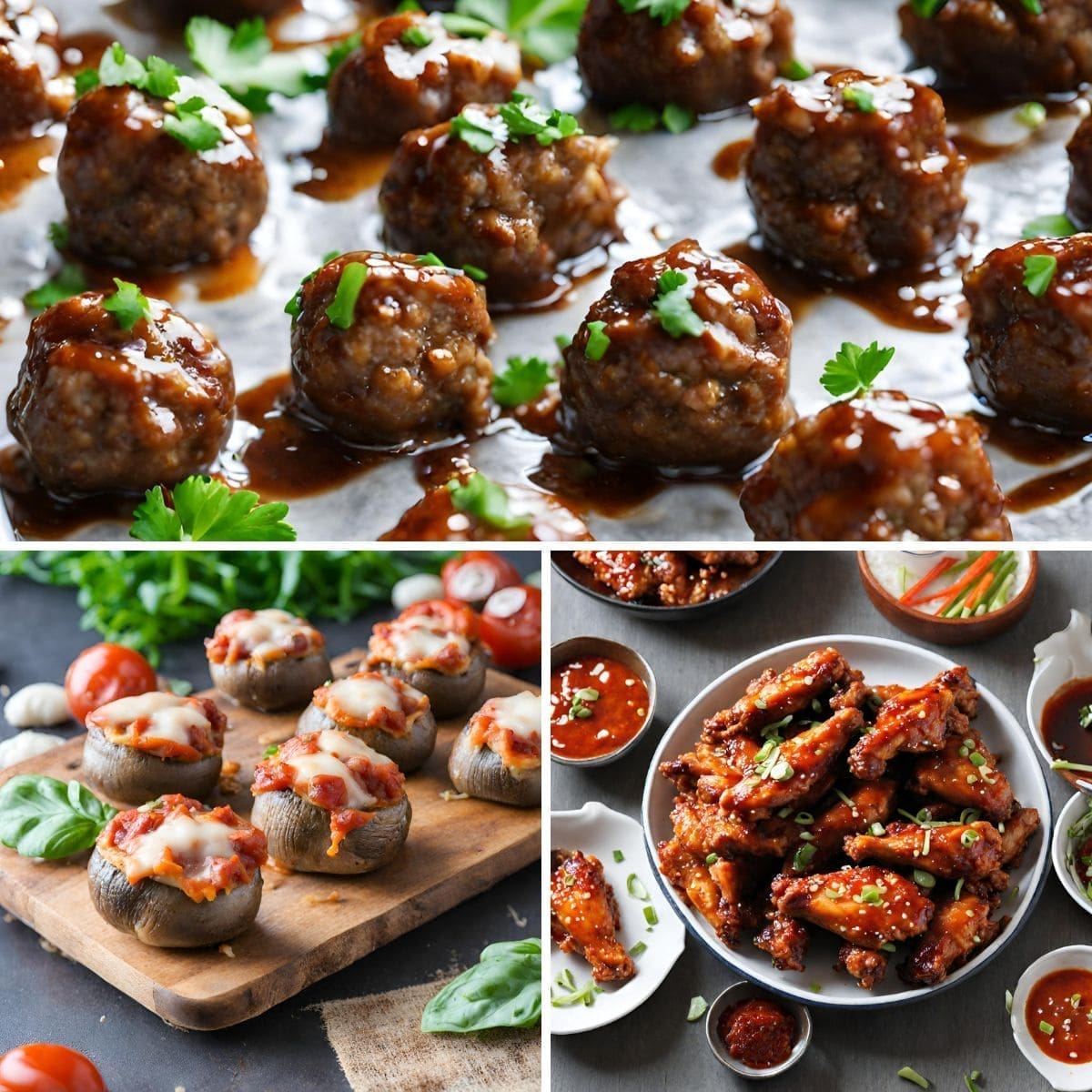 A platter of game day appetizers, including meatballs, stuffed mushrooms, and chicken wings.
