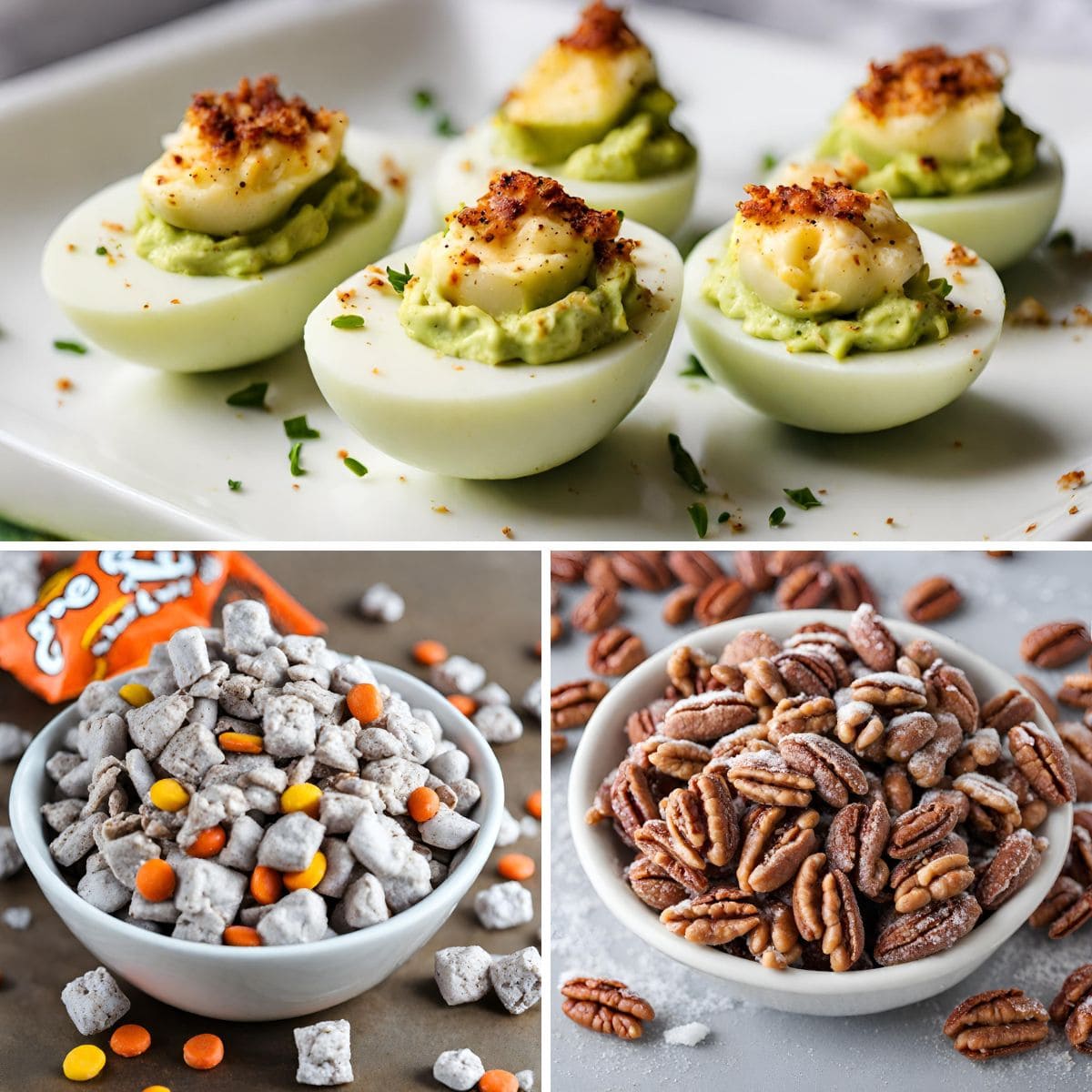 A collage of three pictures of snacks: avocado deviled eggs, puppy chow, and sugar pecans.
