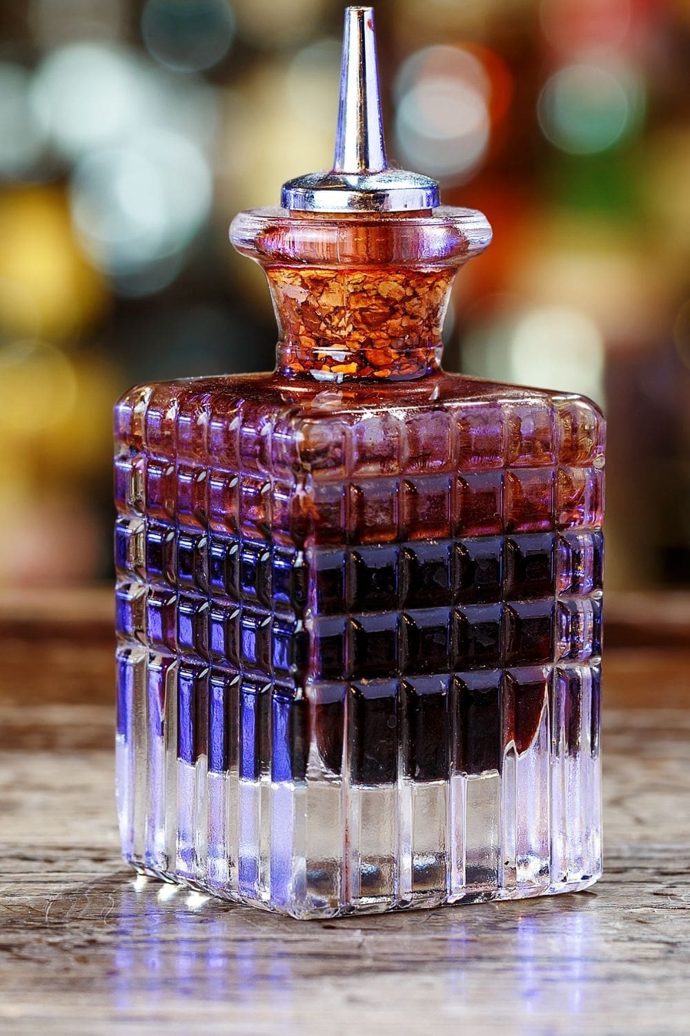 A small, square glass bottle with a cork stopper, filled with angostura bitters, sits on a light wooden table.