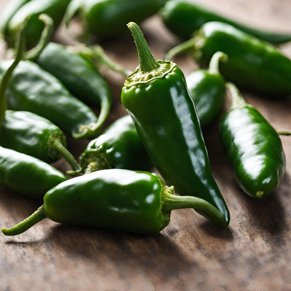 A pile of green jalapeno sits on a wooden table.