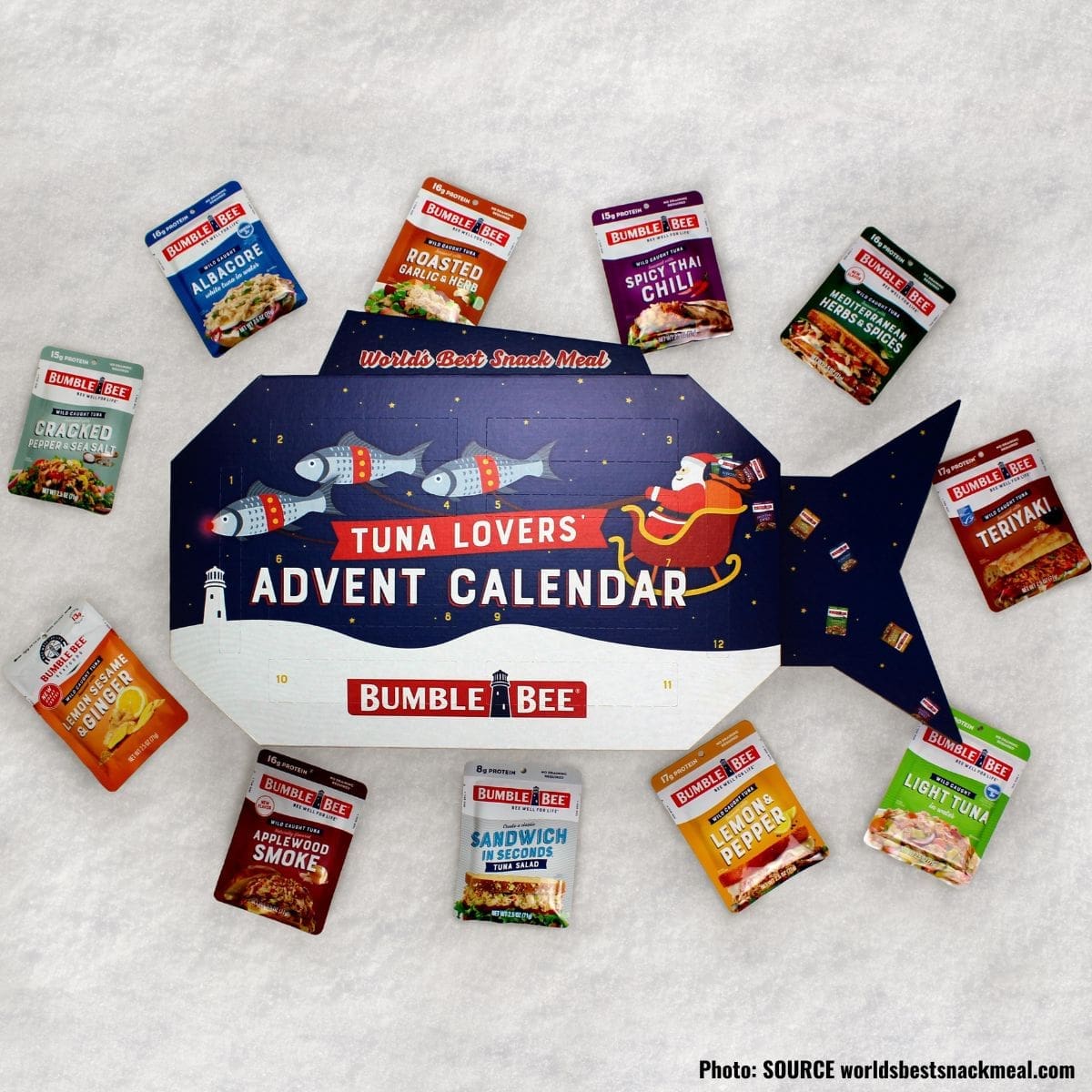The image shows a box shaped like a fish with12-day advent calendar  from Bumble Bee Seafoods!