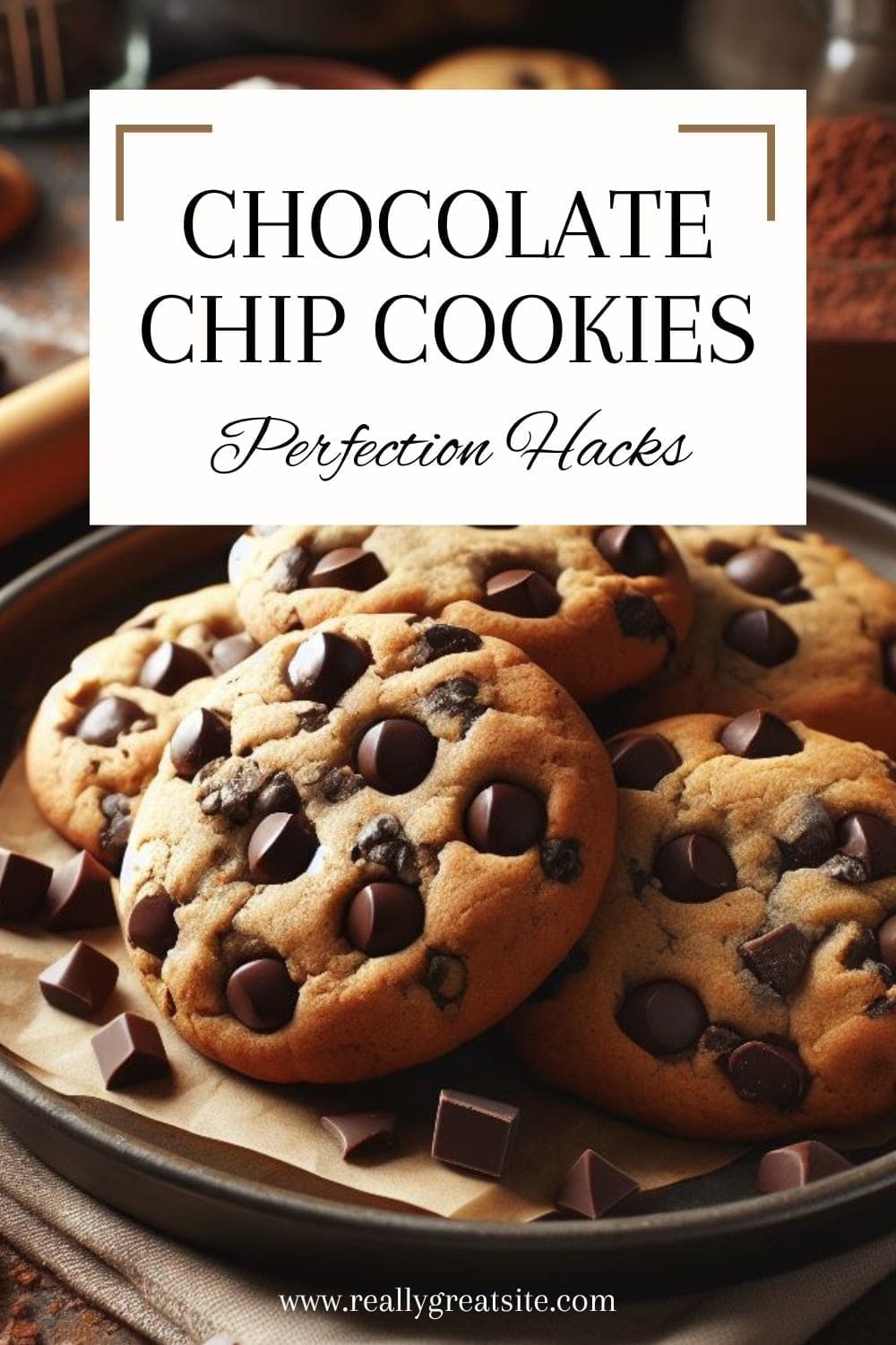 A plate of chocolate chip cookies on a wooden table.
