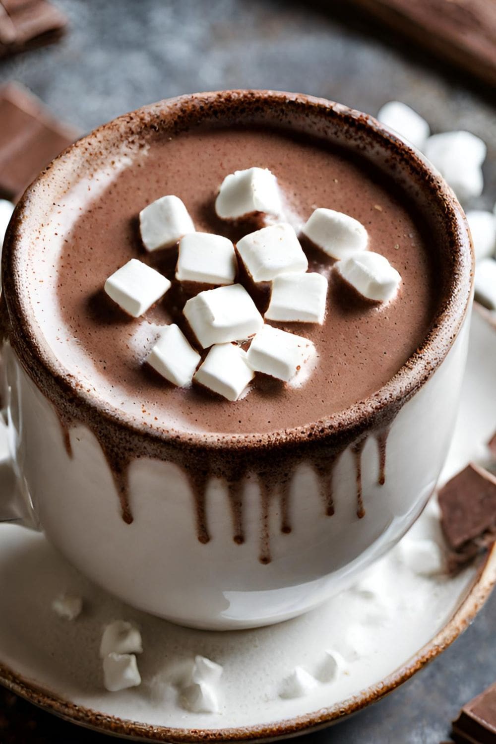 A close-up of a cup of hot chocolate with marshmallows on top.