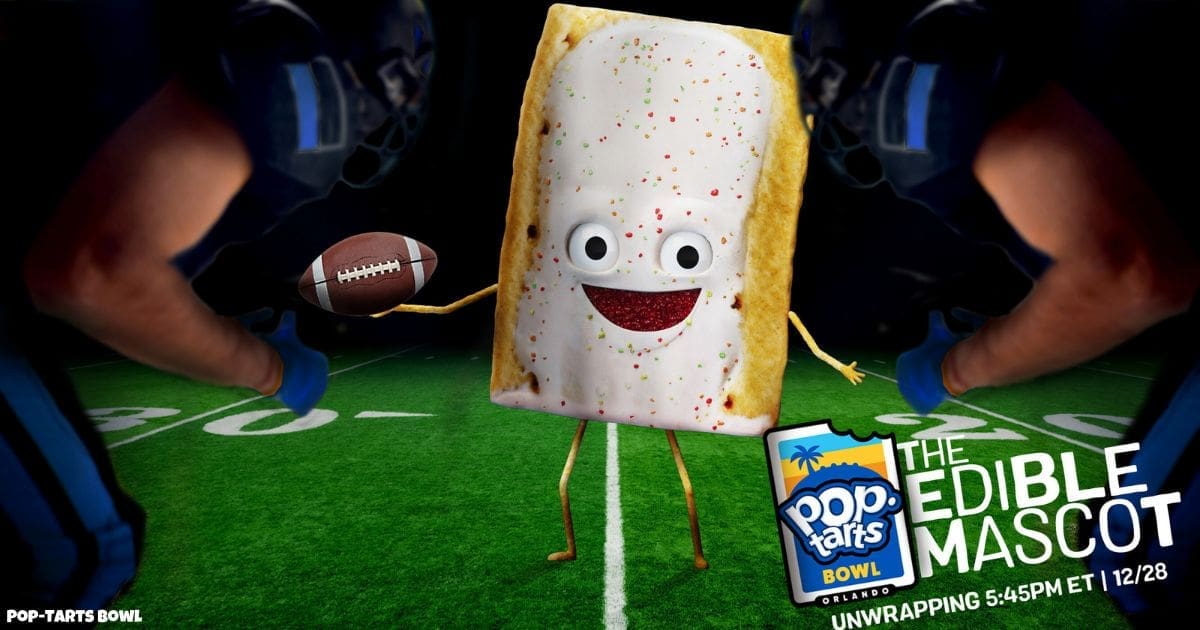 An image shows a Pop Tarts Bowl mascot holding a football.