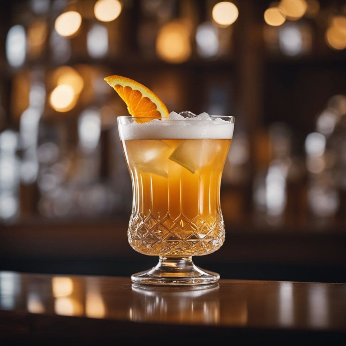 A close-up photo of a glass of spiced rum sidecar with a lemon slice on a bar counter.
