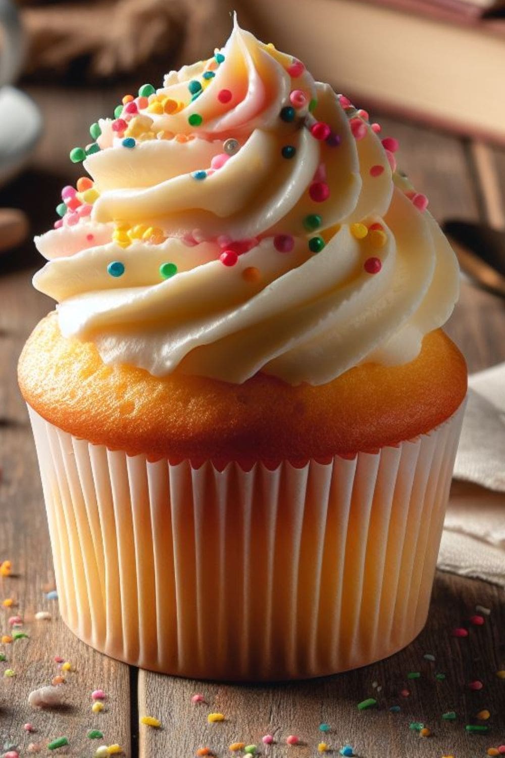 A close-up photo of a cupcake with vanilla frosting and sprinkles on a wooden table.
