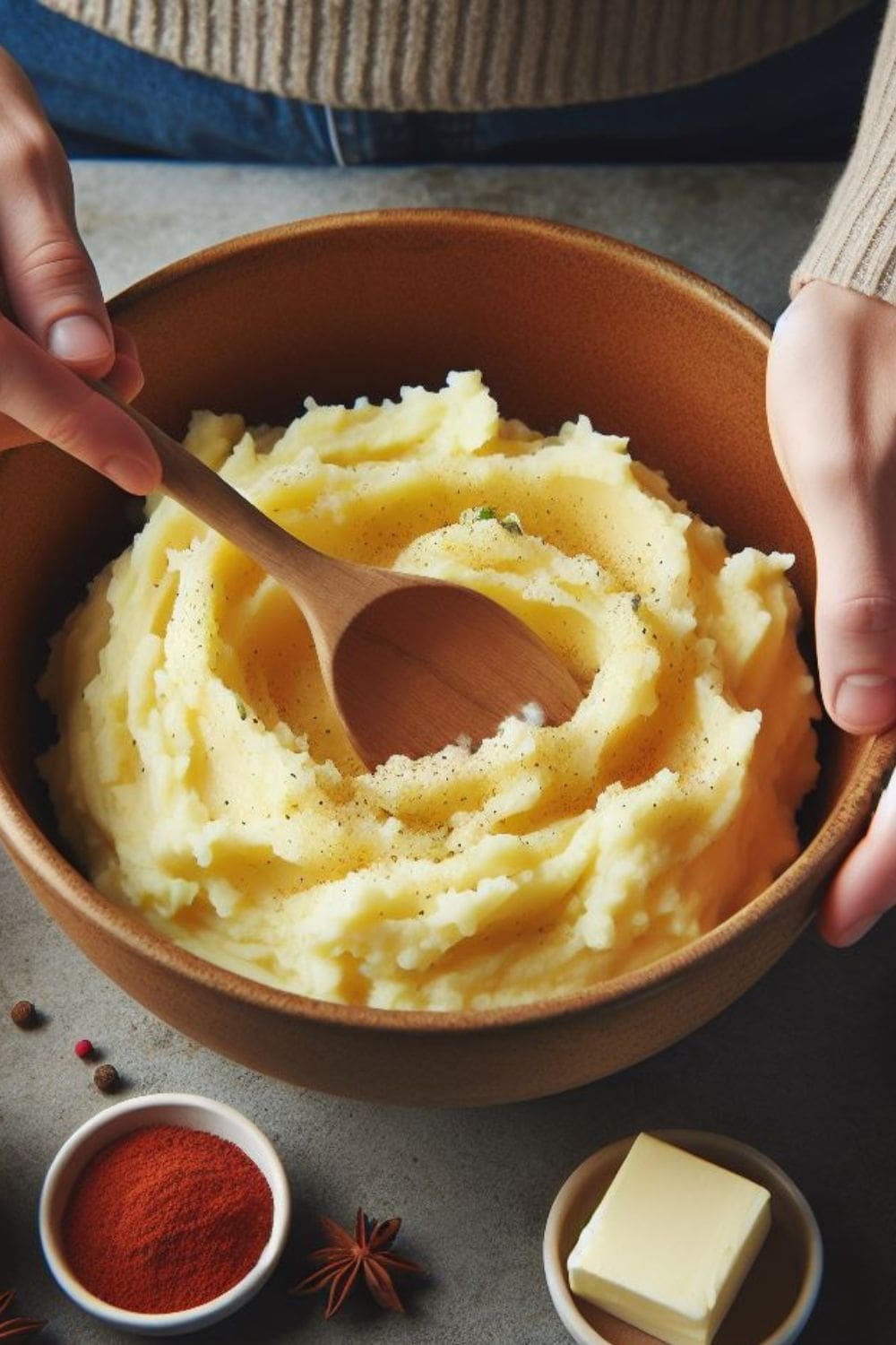 A photo of someone digging a wooden spoon into a bowl of mashed potatoes. 
