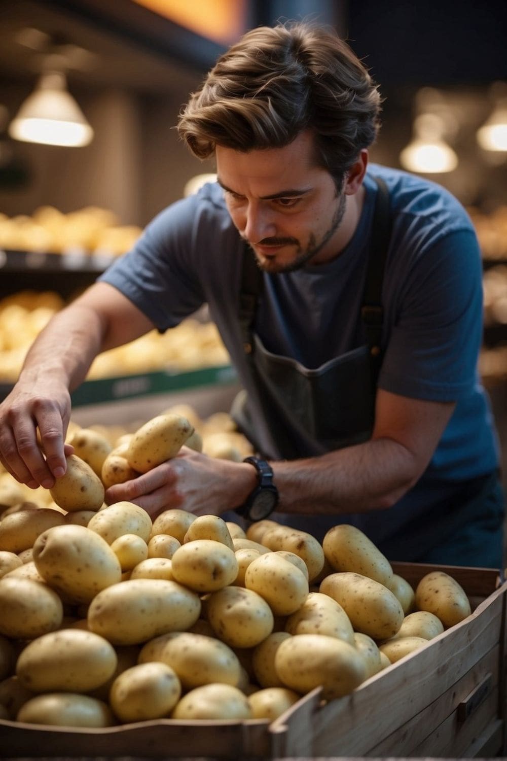 A photo of a man selecting potatoes.