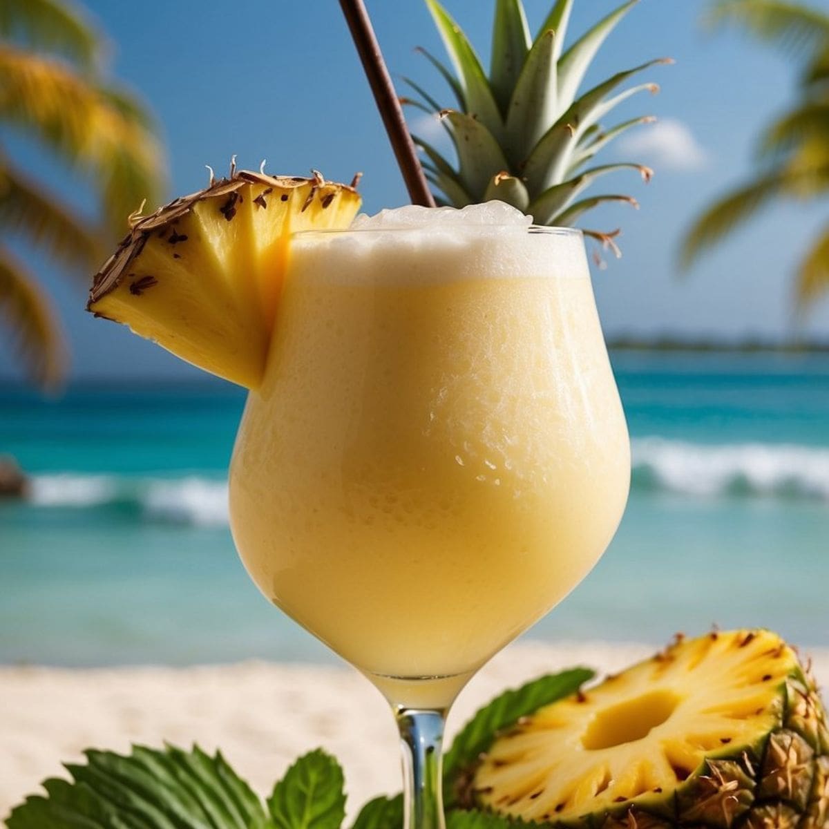 A glass of spiced rum piña colada with a slice of pineapple on the beach.