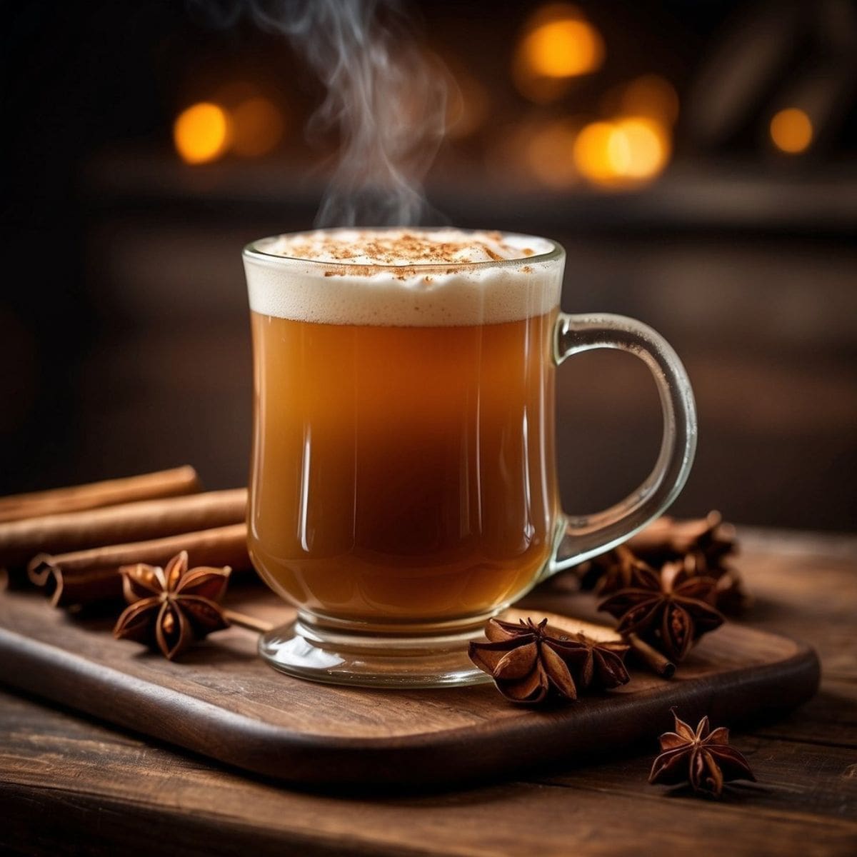 A close-up photo of a steaming cup of spiced hot buttered rum on a wooden table.