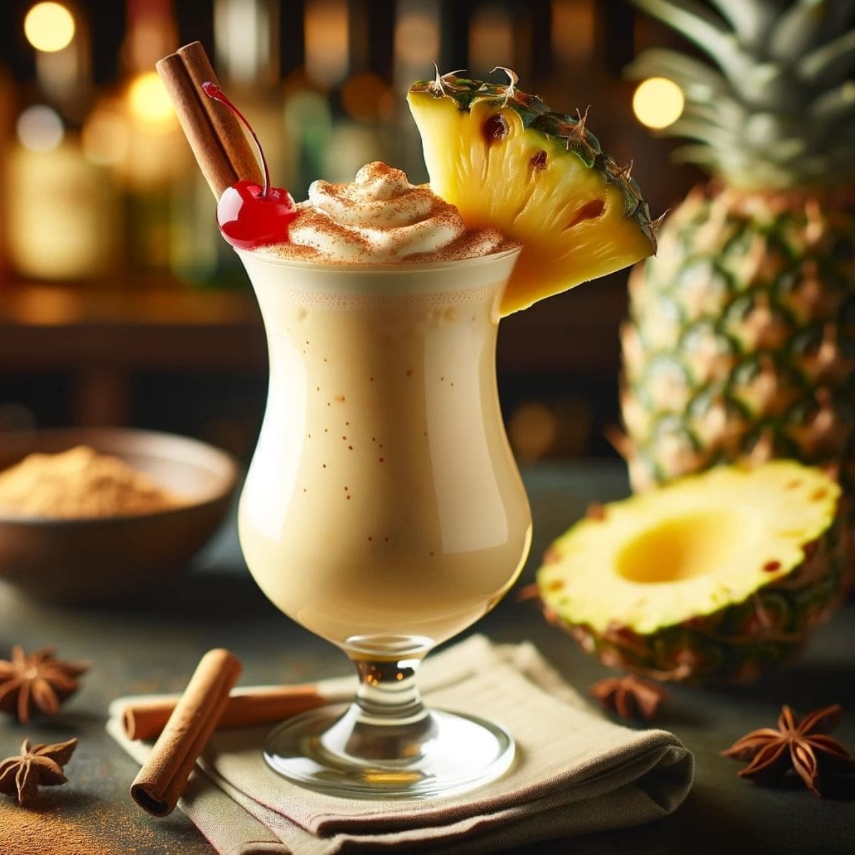 A close-up photo of a delicious and refreshing spiced rum painkiller beverage